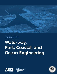 Journal of Waterway, Port, Coastal, and Ocean Engineering cover with an image of a harbor on a blue background. The journal title, ASCE logo, and Coasts, Oceans, Ports, and Rivers Institute logo are displayed as well.